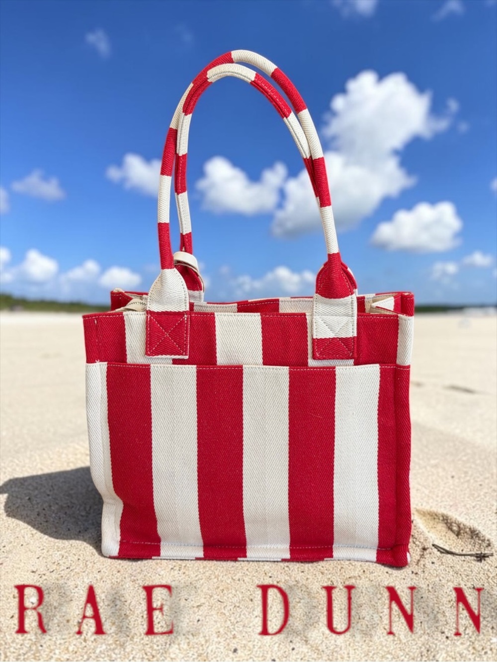 NWT Rae Dunn "Bonjour" 3-Piece Canvas Tote Bag Set – Red & White Stripes - Picture 4 of 9